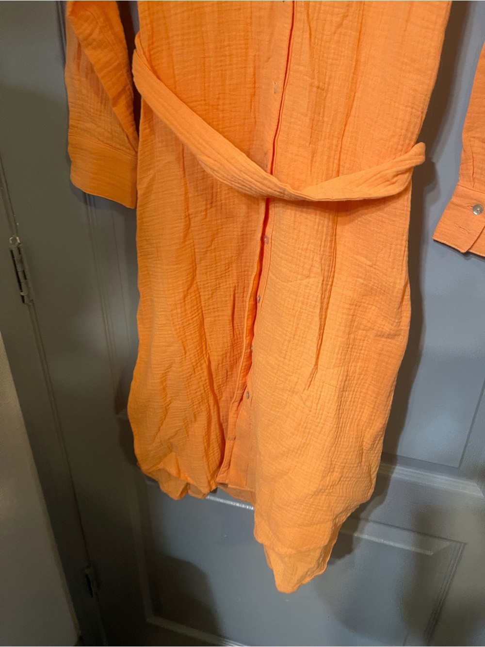 Magaschoni Orange Textured Long-Sleeve Shirt Dress with Waist Tie organic cotton - Picture 7 of 10